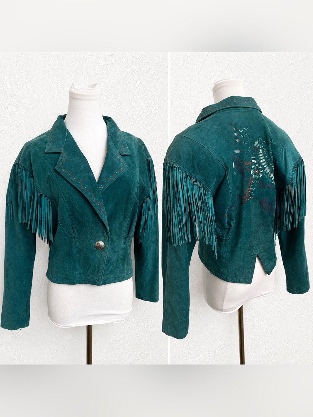 Vintage Teal Suede Fringe Jacket Western Ranchwear Boho Coat S/M